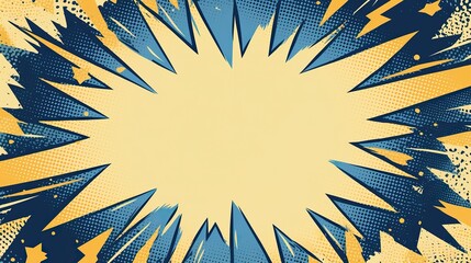 Blue and yellow comic book-style background with lightning bolts radiating from center, halftone pattern, vector illustration in flat design, bright colors, high contrast, dynamic lines, sharp details
