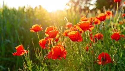 Naklejka premium Vibrant poppies in a golden field at sunset