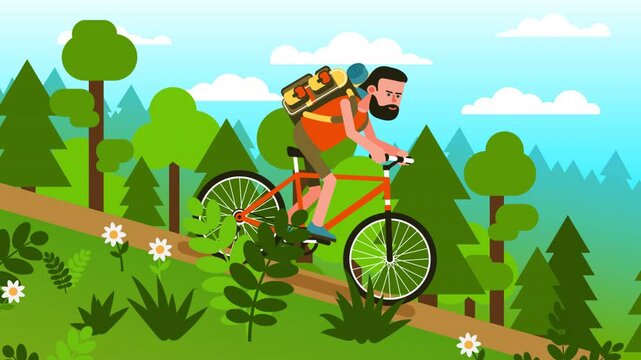 Bearded man riding a mountain bike downhill through a lush forest trail. Mountain Biker Riding Downhill in Forest. Looped animation