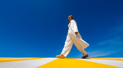 Fashionable woman walking on yellow stripe against blue sky minimalist summer scene