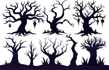 6 Spooky Halloween Tree Silhouettes Vector Pack