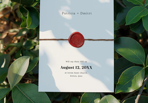 Minimal Wedding Invitation Card With Red Wax Seal and Twine