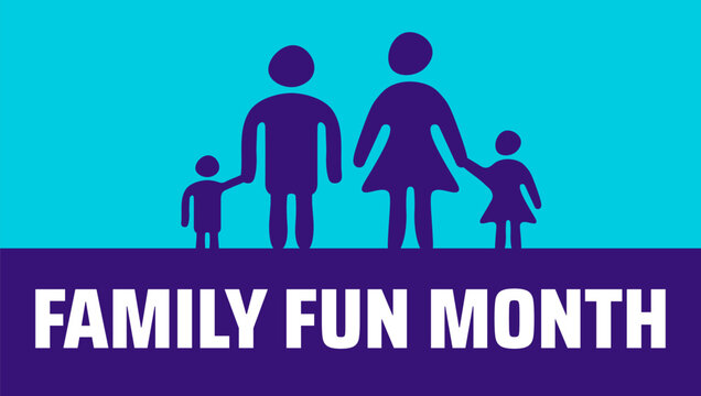 Family Fun Month background, banner or poster design for August featuring purple silhouette icons of parents and children on a light blue background, celebrating togetherness, bonding, and joyful - Powered by Adobe