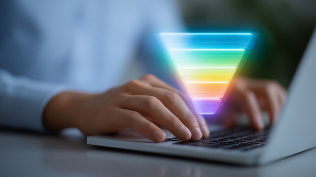 Close-up of hands typing on laptop with marketing funnel graphic