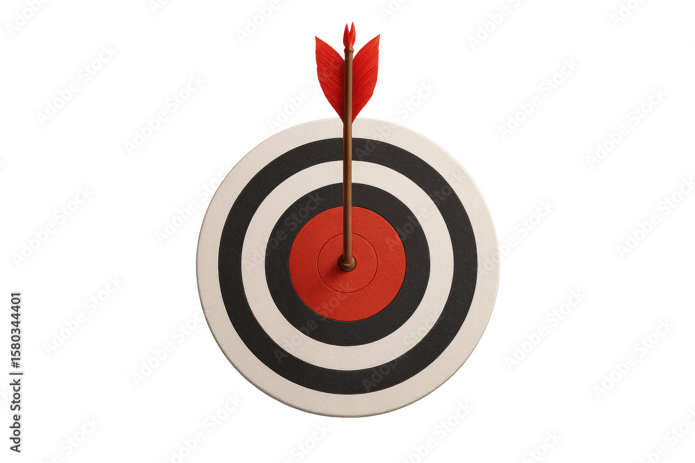 Poster red arrow hitting the center of a target on a transparent background, perfect for concepts related t