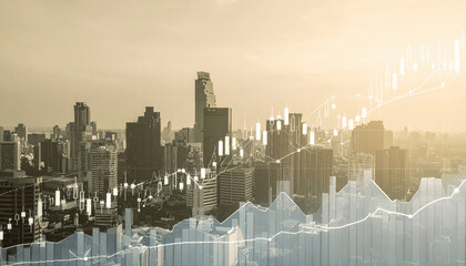 Photography of a Virtual financial stock market graph with upward trending lines and candlestick charts on the background of an urban skyline.