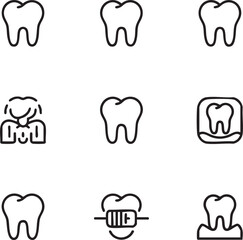 Obraz premium Nine minimalist black line art icons of teeth and dental care symbols on white background tooth
