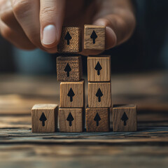 Close up hand and stack of wood block cube on the table.