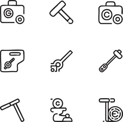 Fototapeta premium Nine minimalist black line art icons of tools and symbols on white background icon set hammer