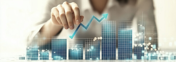 Photography advertising shot of close up businessman touching an upward arrow on a virtual graph with empty background.