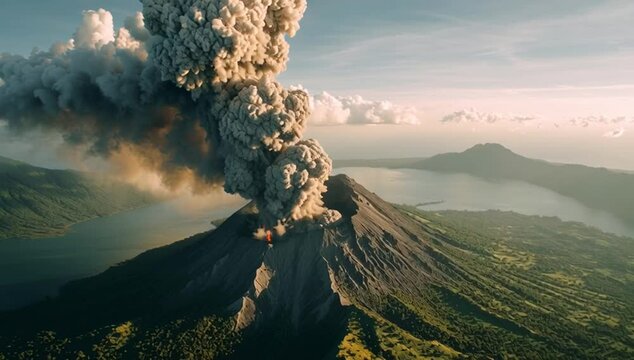 Raw power of nature shown through erupting volcano and rugged terrain. Perfect for geographic studies or high-impact imagery.


