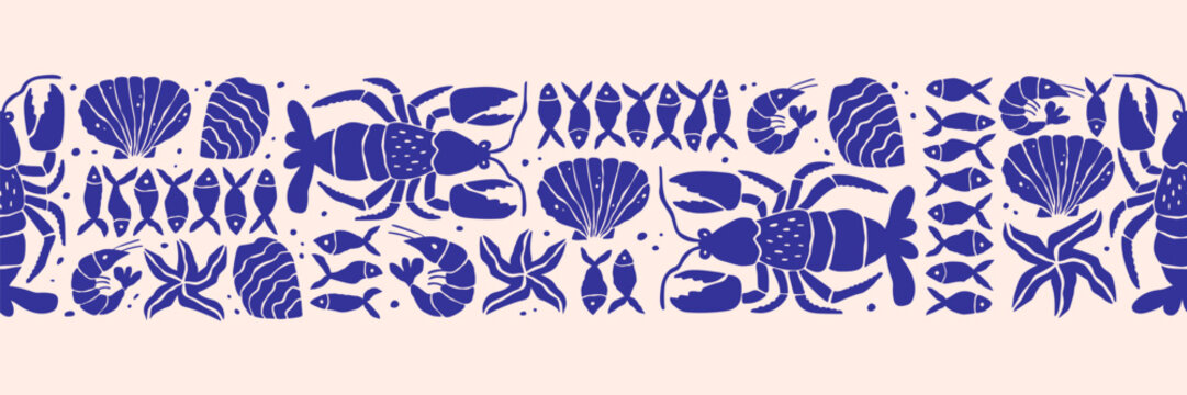 Seafood hand drawn seamless horizontal border with lobster, fish, and marine elements. Retro Mediterranean vibe in naive, monochrome style. Perfect for kitchen, restaurant menu, and summer design.