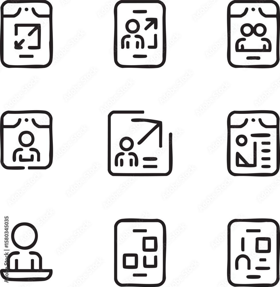 Poster nine minimalist black line art icons on white background representing user profiles and actions icon