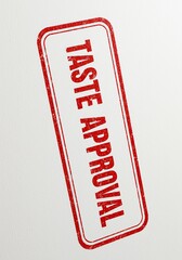 "Taste Approval" Red Rubber Stamp Imprint on White Textured Paper - A clear, close-up shot of a vibrant red, rectangular stamp mark with a distressed texture, prominently featuring the vertical text.
