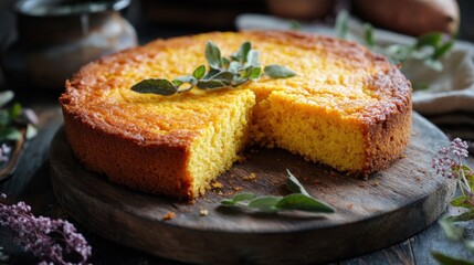 Rustic homemade cornbread with fresh herbs on wooden board
