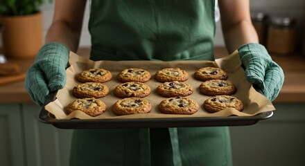 Person holding a tray of delicious freshly baked chocolate chip cookies warm from the oven