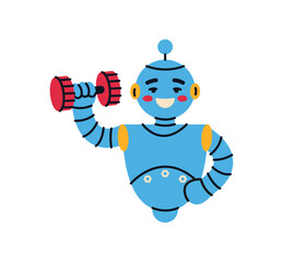 Funny cartoon personal trainer robot. Cute futuristic modern character. Technological progress concept. Flat vector illustration.