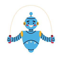 Funny cartoon personal trainer robot. Cute futuristic modern character. Technological progress concept. Flat vector illustration.