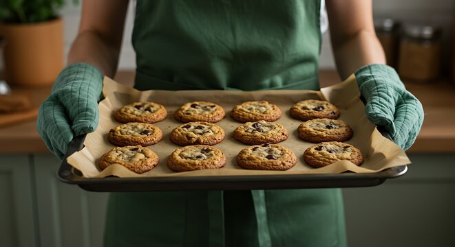 Person holding a tray of delicious freshly baked chocolate chip cookies warm from the oven