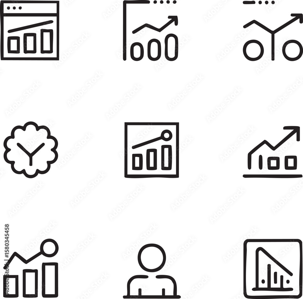 Poster nine minimalist black line art icons showing graphs and a person icon set chart
