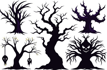 6 Spooky Halloween Tree Silhouettes Vector Pack