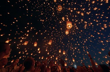 Warm lights ascending in darkness suggest peace, wishes, and new beginnings. Use in holiday visuals or storytelling imagery.

