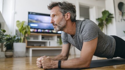 Mature man focused on home workout plank exercise in modern living room