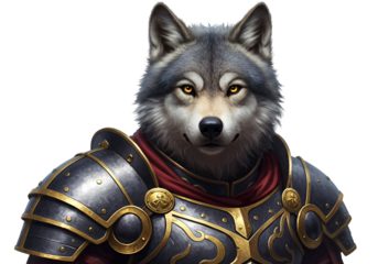 Isolated Anthrpomorphic Wolf Warrior Knight Character in Golden Armor