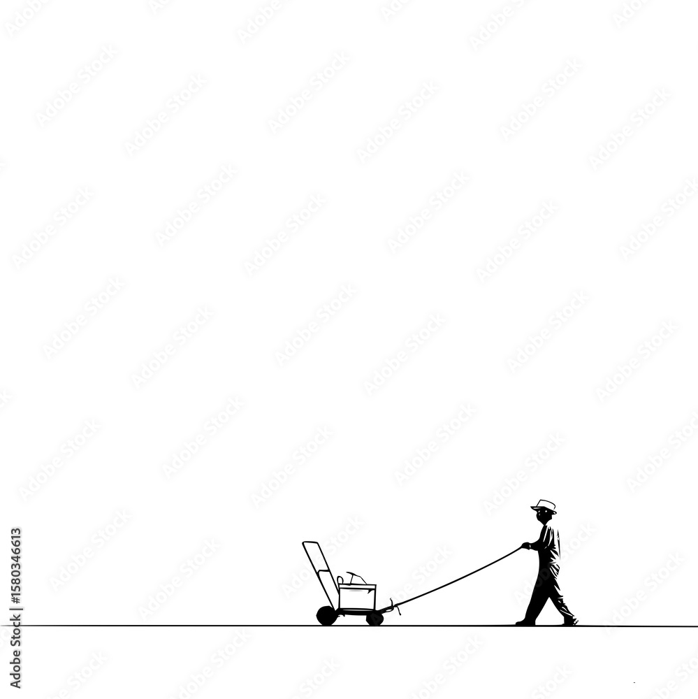 Poster silhouette of a person pulling a cart with a long handle across a flat surface in black and white st
