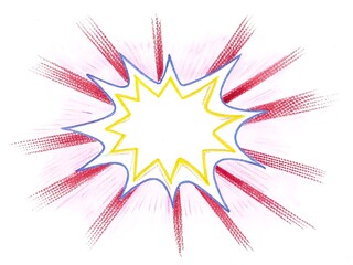Obraz premium Hand drawn comic book style explosion with red and yellow starburst and blue outline on white background