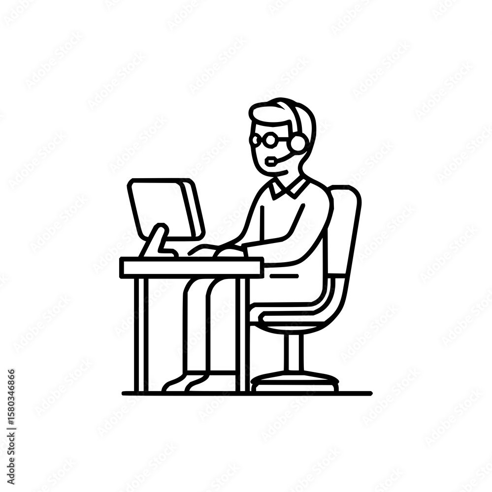 Aufkleber man with headset working at computer desk in line art style, sitting on a chair and typing away