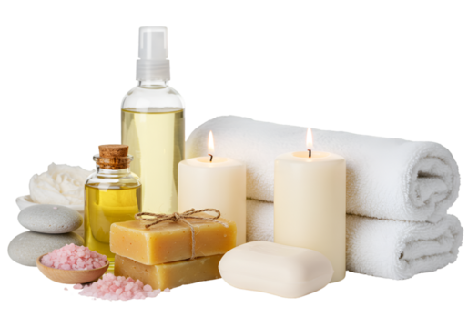 Isolated Still Life of Spa Elements like Soap Oil and Towels