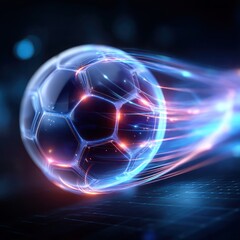 Futuristic Digital Soccer Ball with Neon Holographic Effects and Glowing Motion Trails

