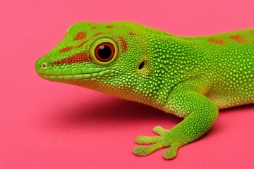 Fototapeta premium A vibrant green gecko with striking red spots rests on a pink surface, its eyes gleaming with curiosity