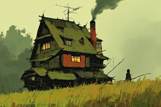 A weathered, overgrown house stands in a golden field. Smoke rises from its chimney