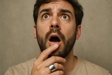 Caught in a moment of surprise, his wide eyes and open mouth reveal an unexpected twist or revelation