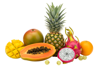 Isolated Still Life of Tropical Fruits Pineapple Mango and Papaya