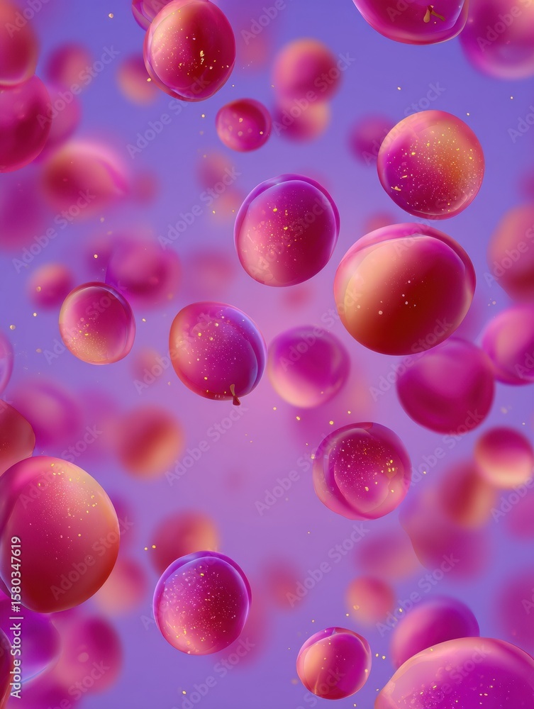 Poster hovering plums create a surreal atmosphere against a glowing gradient background in a clean and vibr