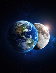 Naklejka premium Earth and moon in space with sunlight glinting in a starry background