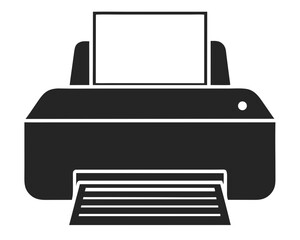 Simple black silhouette of a printer with a sheet of paper on a white background