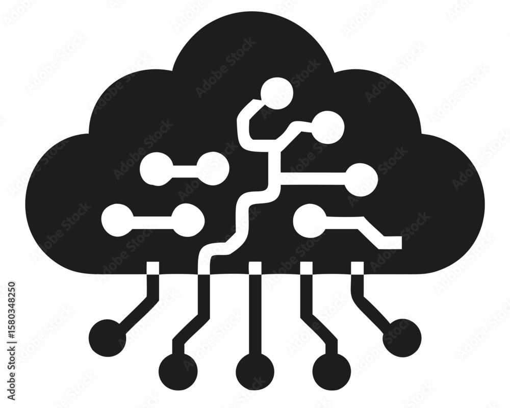Poster stylized cloud computing icon with circuitry elements for data storage and transfer