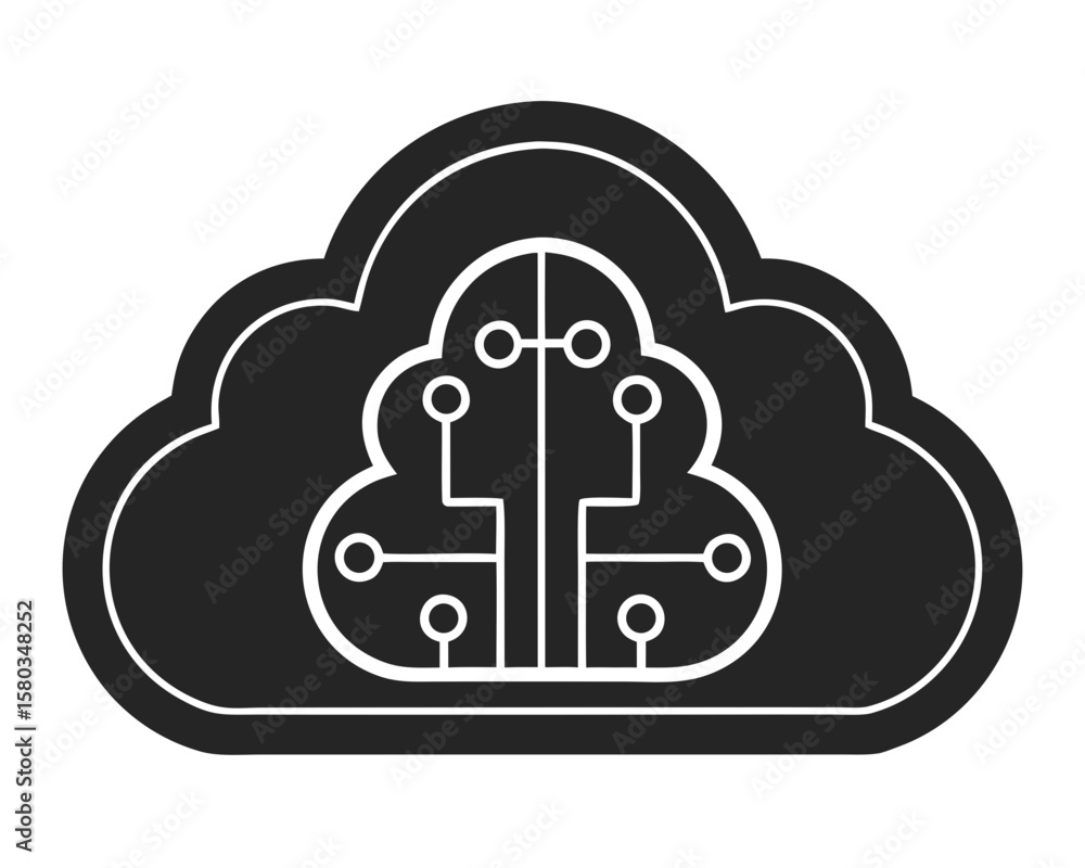 Poster stylized cloud computing silhouette featuring subordinated circuitry design for data storage