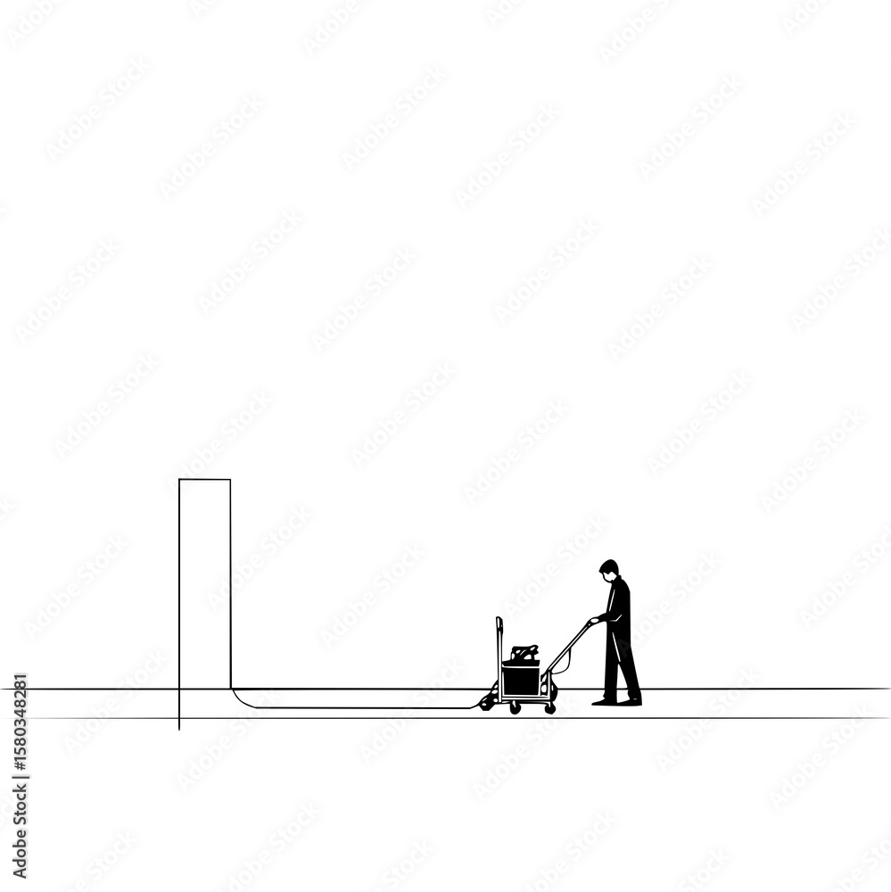 Poster a man in a suit is using a machine to cut a line in the ground leading to a rectangular shape outlin