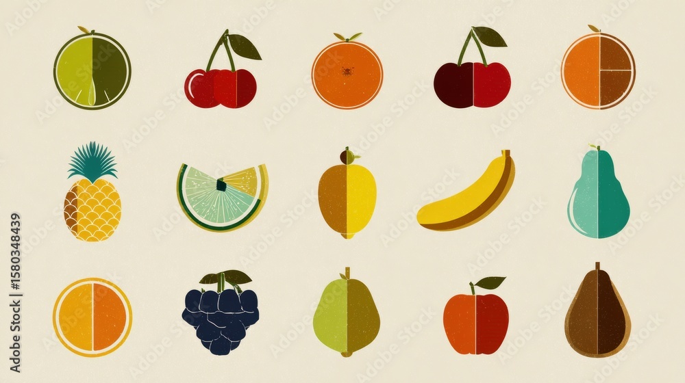 Aufkleber colorful flat design fruit icons on neutral background creating a visually appealing arrangement wit