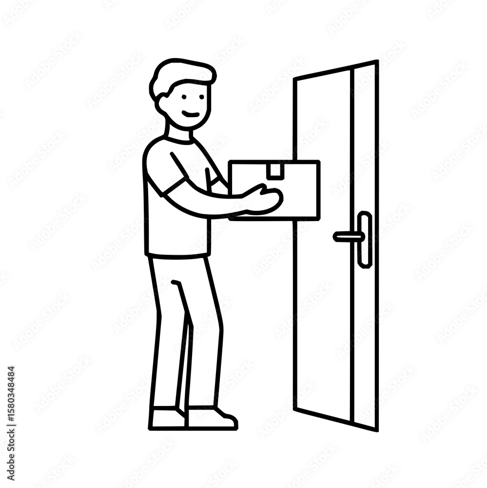 Poster man delivering a package to a door in a line drawing style with a simple and clean aesthetic design