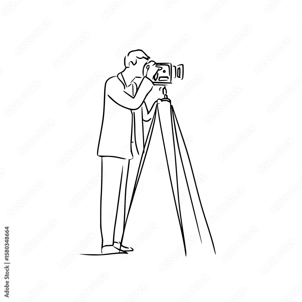 Poster a sketch of a photographer in a suit using a camera on a tripod in a minimalist line drawing style