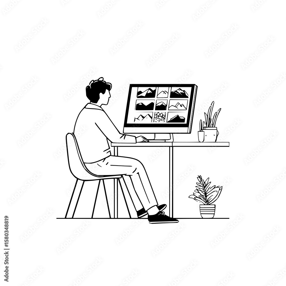 Poster a person sitting at a desk working on a computer with mountain images and plants in a black and whit