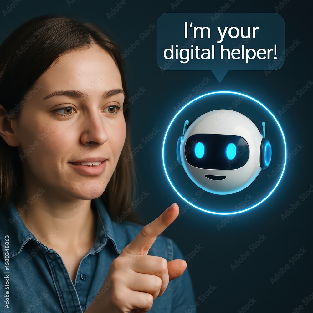 Aufkleber a woman interacts with a digital helper in a futuristic and technological setting. focus on artifici