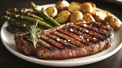 Perfectly cooked baseball cut steak with crosshatch grill marks, rosemary herb garnish and grilled asparagus and potatoes