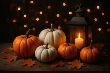 Autumn harvest still life with pumpkins and lantern. glowing bokeh lights wallpaper background